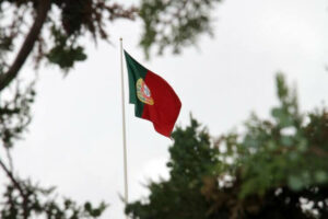 Image of Portuguese flag mid-wave with trees in background, Benefits of Americans moving to Portugal | GetNif